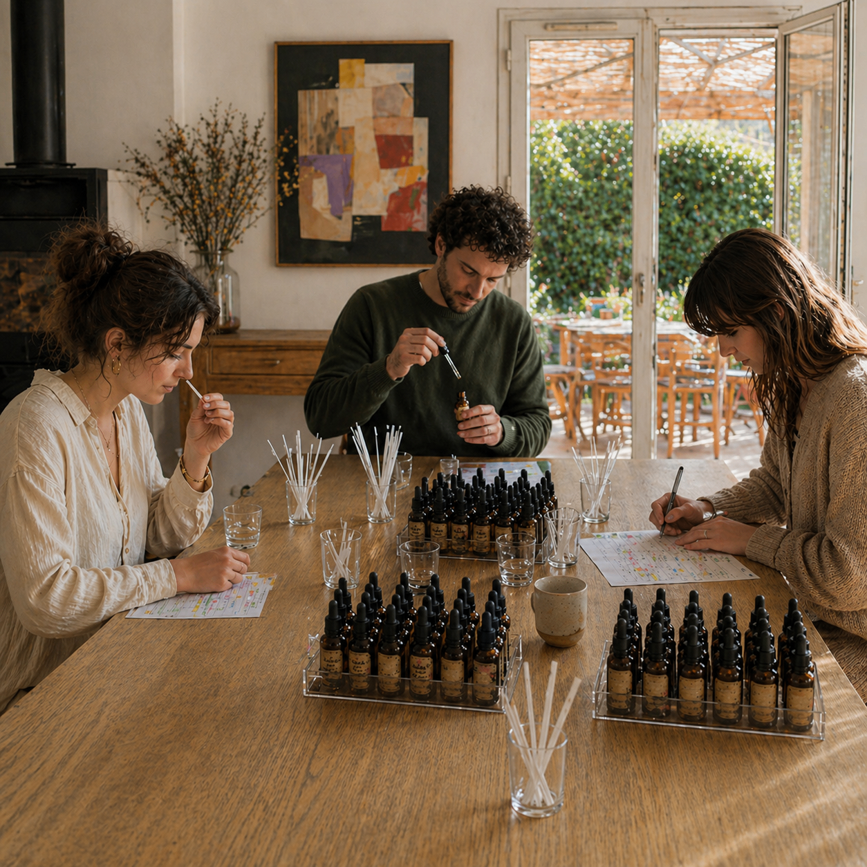 Trois participants en pleine composition de leur parfum naturel autour d'une grande table en bois