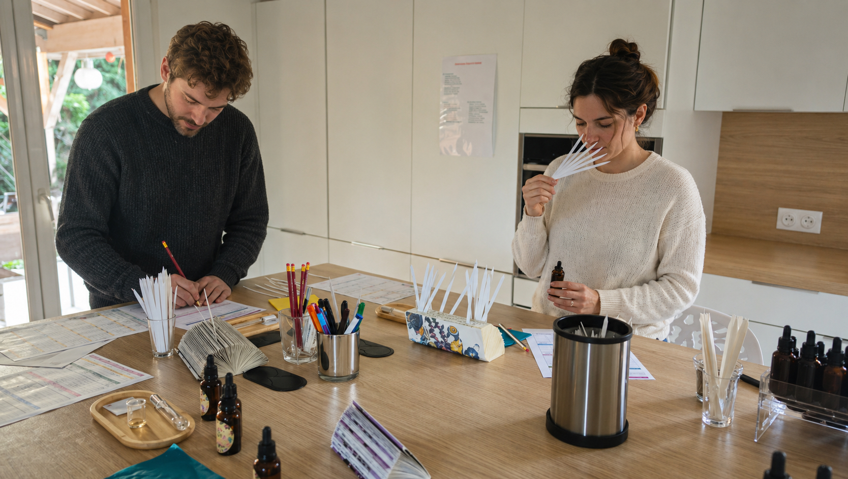 Deux participants concentrés : l'un prend des notes, l'autre sent une touche de parfum