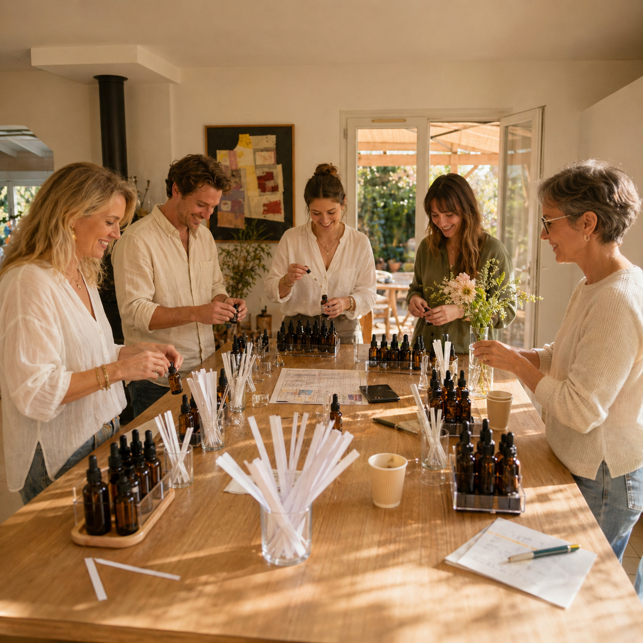 Atelier de création de parfum naturel : groupe de participants concentrés autour de la grande table en bois baignée de lumière